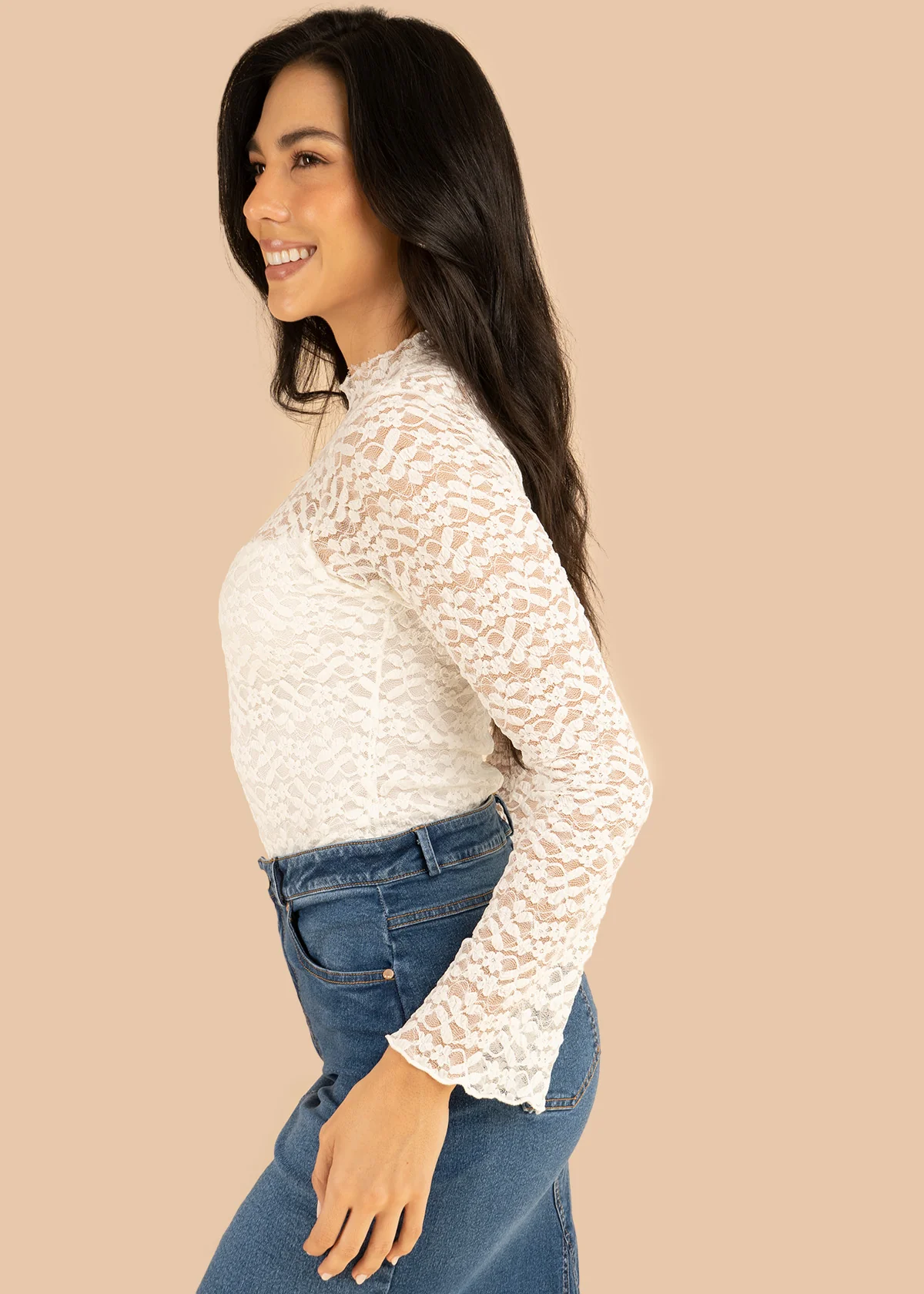 Body color marfil en encaje floral y manga larga 106377 - Image 6