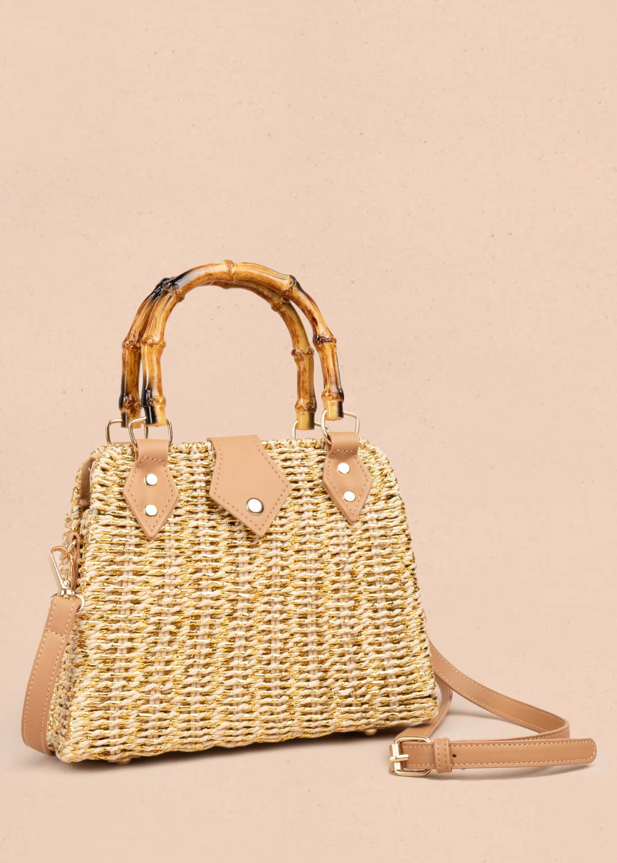 Bolso de mano tipo canasta con asa de bambú color beige 105940 - Image 2
