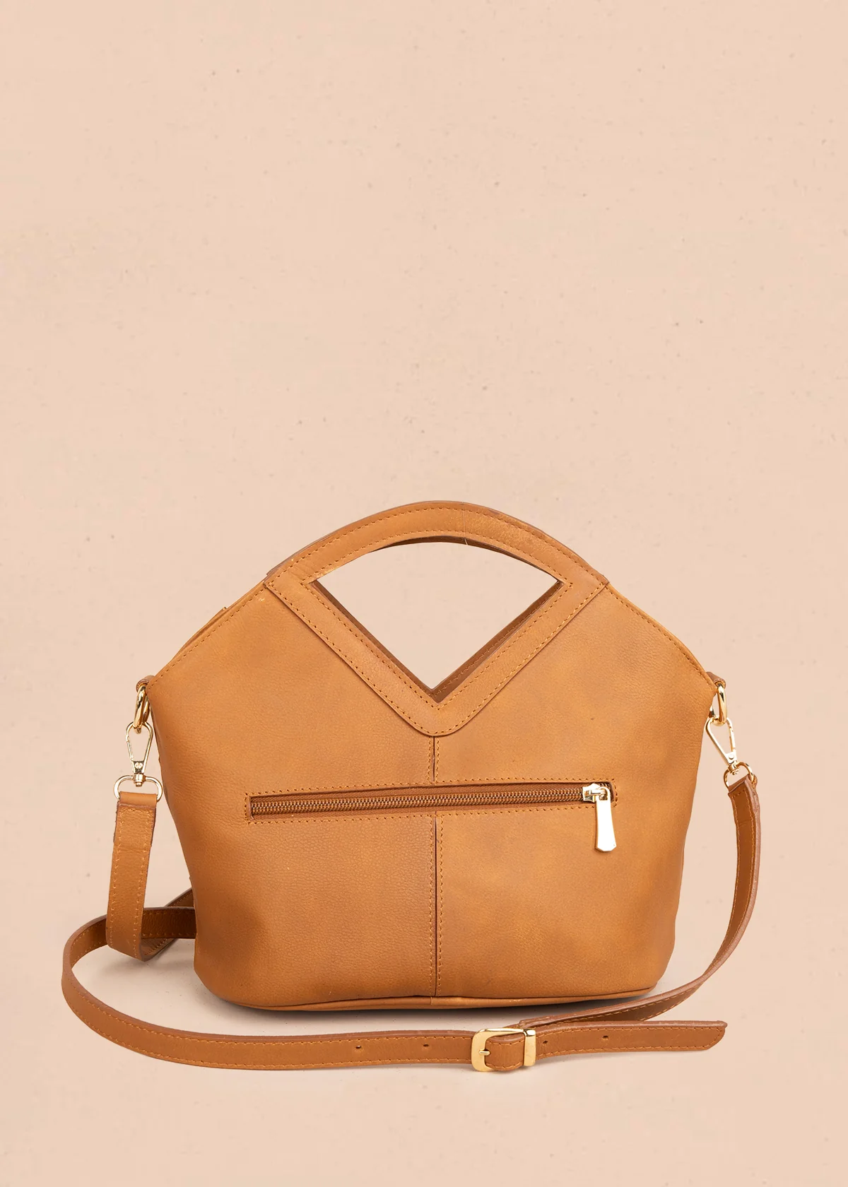 Bolso tipo cartera en cuero color miel con detalle entramado 105817 - Image 4