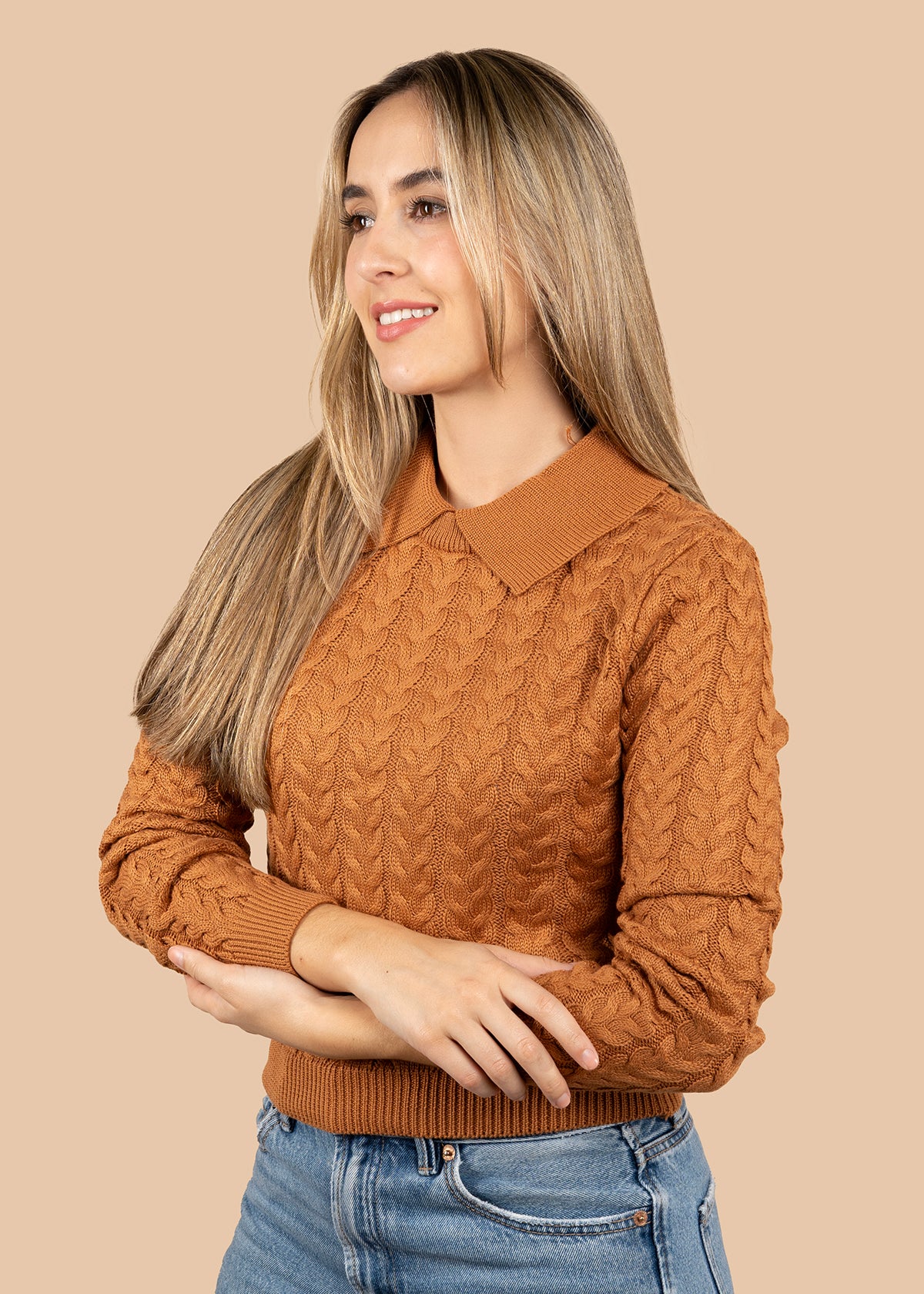 Camibuso tejido color camel con textura y cuello 106098 - Image 3