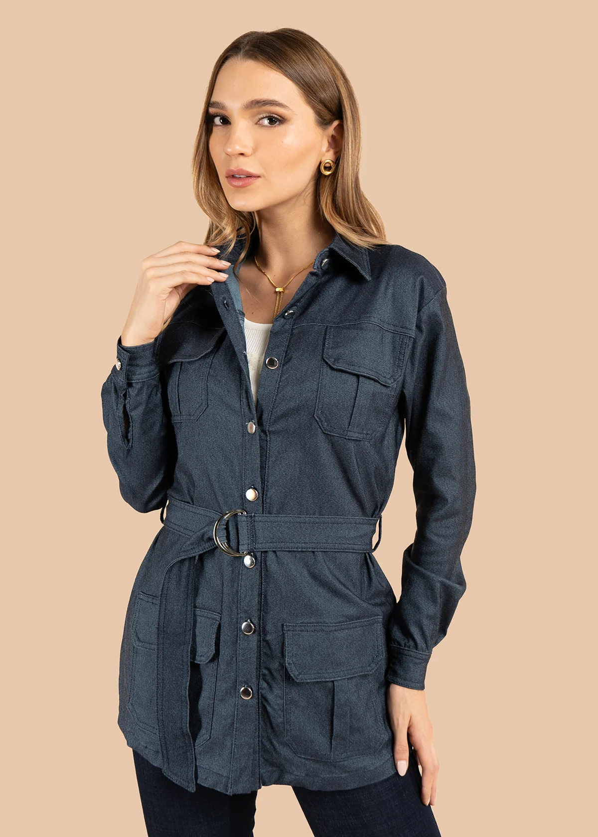 Chaqueta color azul con cinturón y múltiples bolsillos 105853 - Image 7