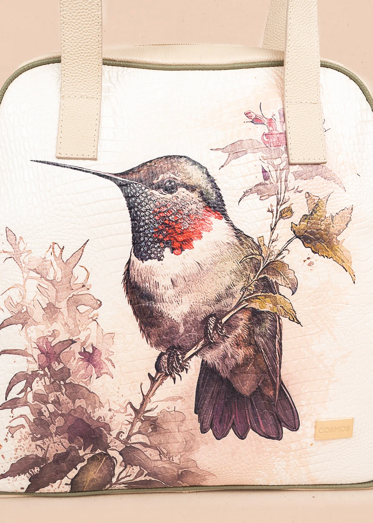 Bolso tipo shopping de cuero color talco con estampado de colibrí 106618 - Image 3